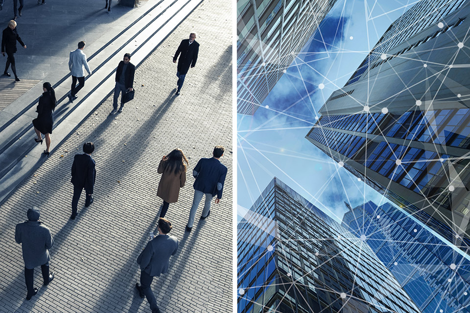 Personer På Väg Till Kontoret Plus Kontorsbyggnad